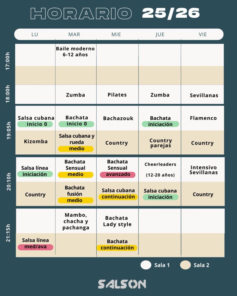 Horario de clases de baile de la Escuela Salson con los distintos días, horas y estilos disponibles.